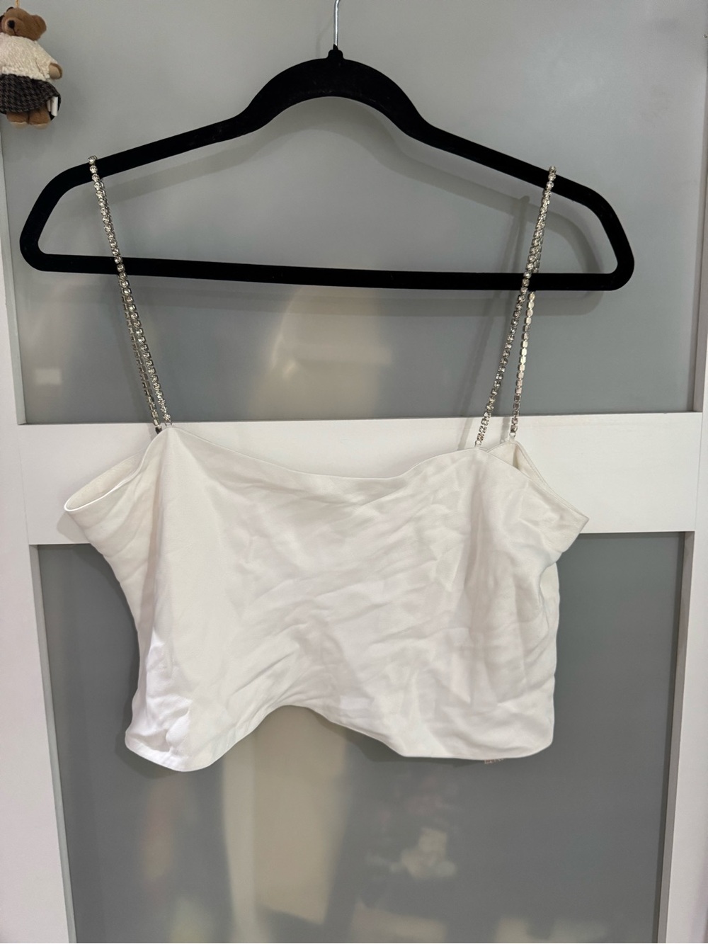 Meshki Crystal-Strap White Satin Crop Cami